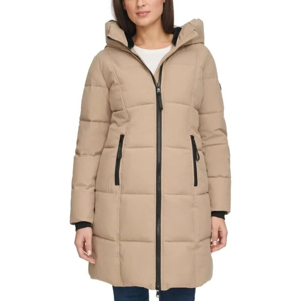 NWOT Calvin Klein Women's XL Hooded Puffer Coat Beige Faux Fur Lined Full Zip - Picture 1 of 10